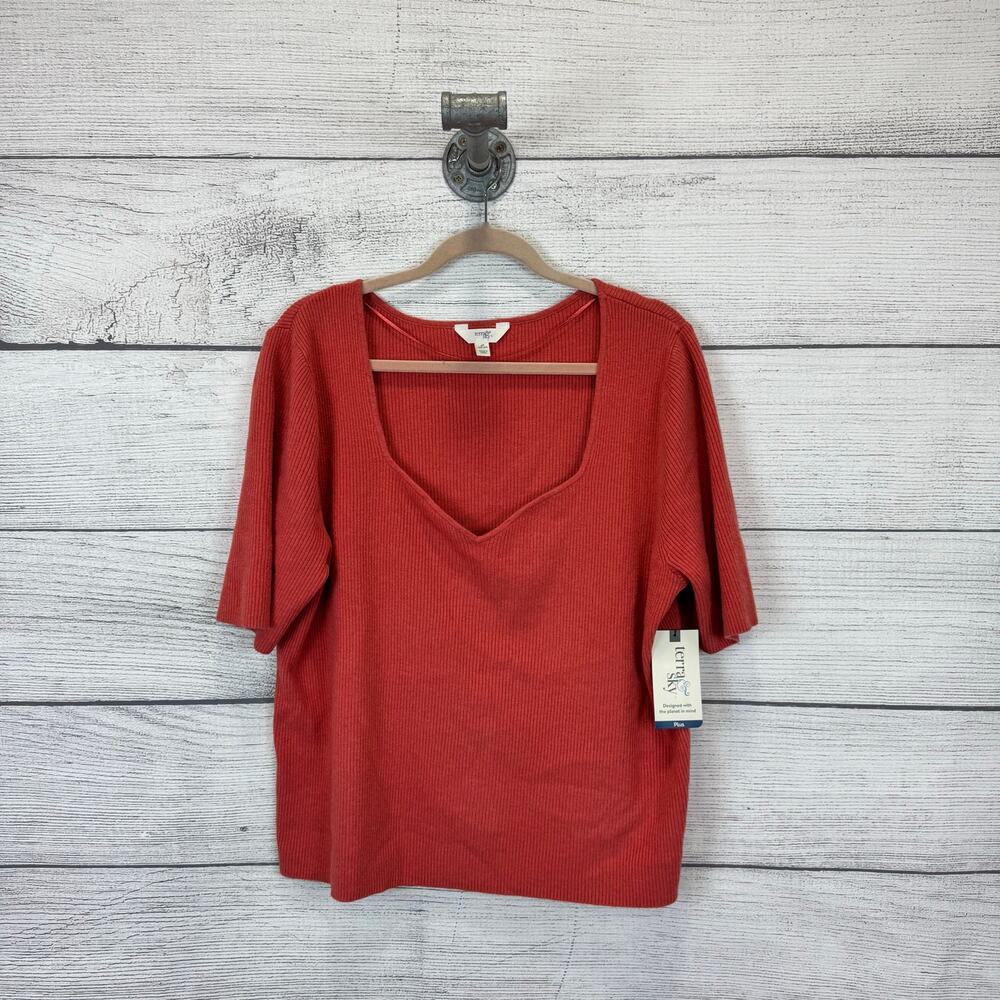 Terra & Sky Plus Size Coral Knit Short Sleeve Ribbed Sweater Top Size 4X